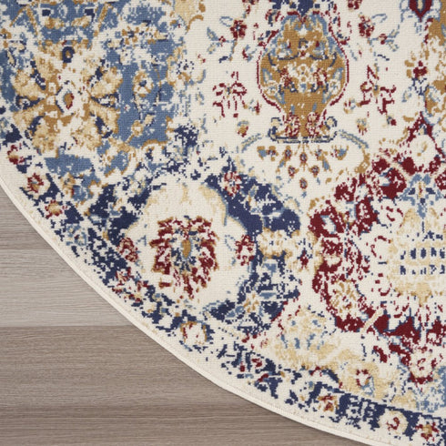 4' X 6' Navy Blue Damask Power Loom Distressed Area Rug